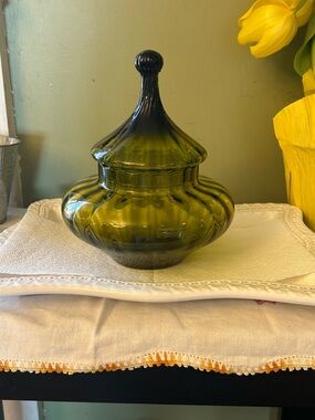 Empoli Olive Green “Circus Tent” Apothecary Jar/ Candy Dish